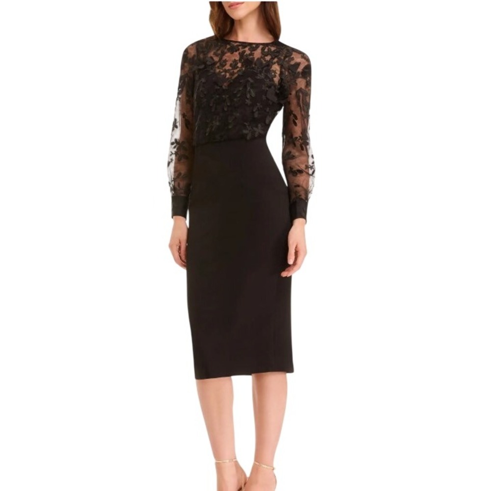 Dress The Population Medium Pilar Mixed Media Long Sleeve Cocktail Sheath Dress